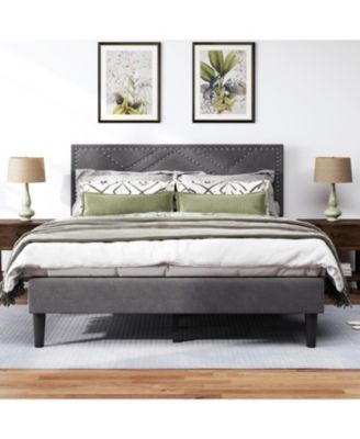 Queen Size Bed Frame with Headboard Storage & Sturdy Metal Slats (No Box Spring)