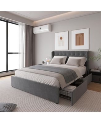 Queen Size Bed Frame with 4 Storage Drawers and Wingback Headboard, Button Tufted Design