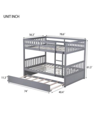  Gray Rubber Wood Bunk Bed with Trundle, Ladder, Guardrails & Convertible to 2 Full Beds