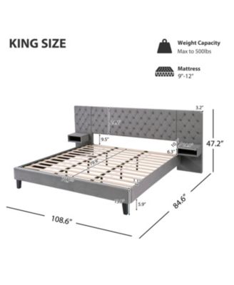 Streamdale Grey Velvet Platform Bed with Headboard, 2 Nightstands & Diamond Tufting