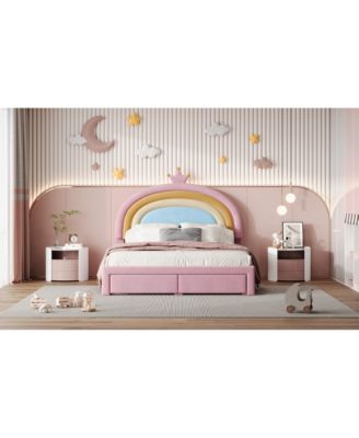 Princess Bed with Storage Drawer, Velvet Rainbow Upholstered Platform Bed