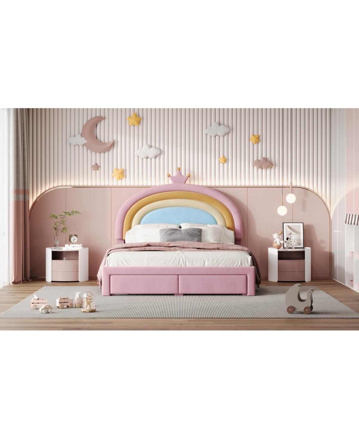 Streamdale Furniture Princess Bed with Storage Drawer, Velvet Rainbow Upholstered Platform Bed