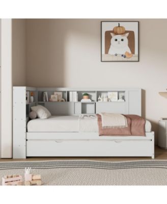 Twin Size Wood Daybed with Storage Shelves, USB and Trundle