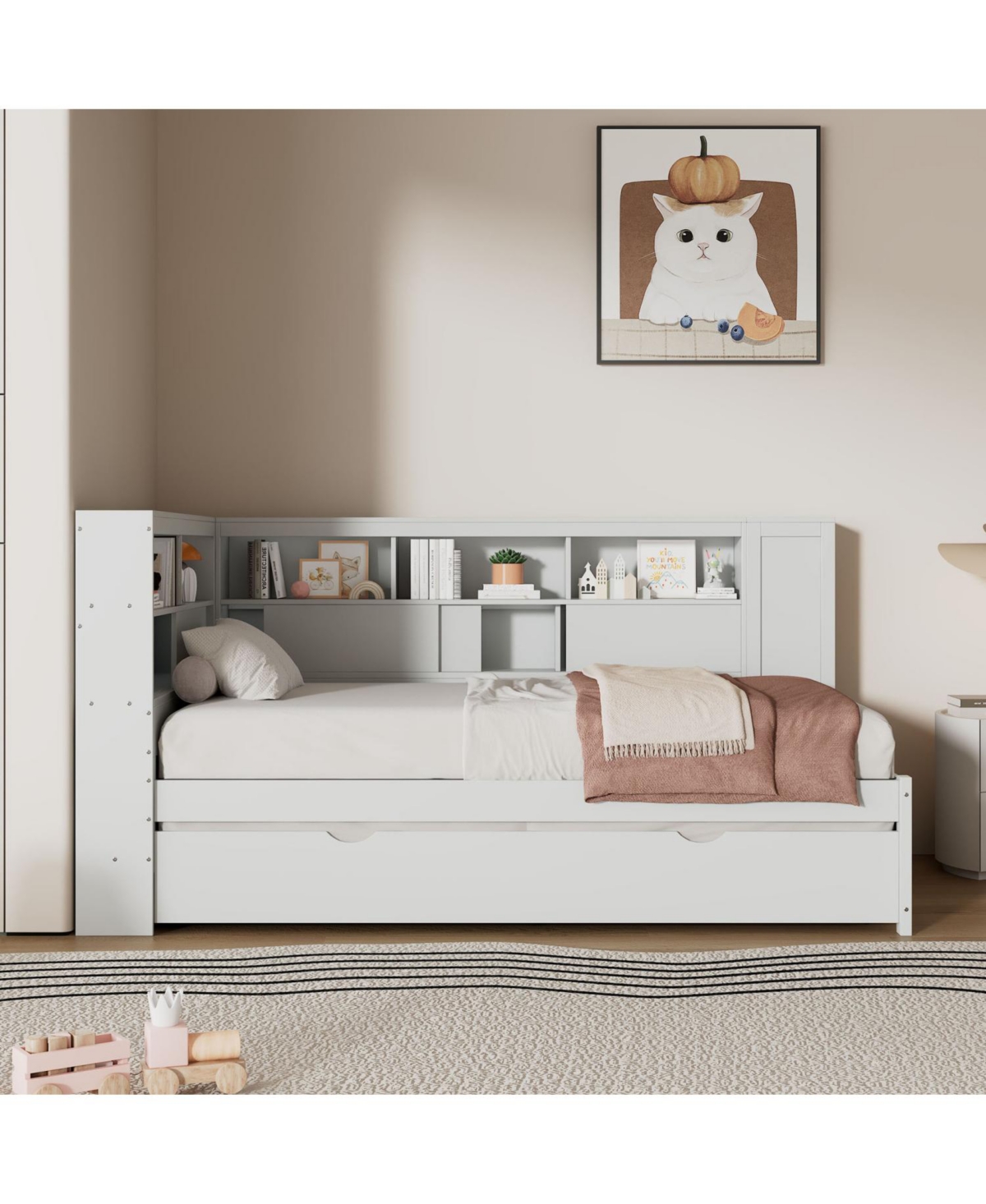 Streamdale Furniture Twin Size Wood Daybed with Storage Shelves, Usb and Trundle