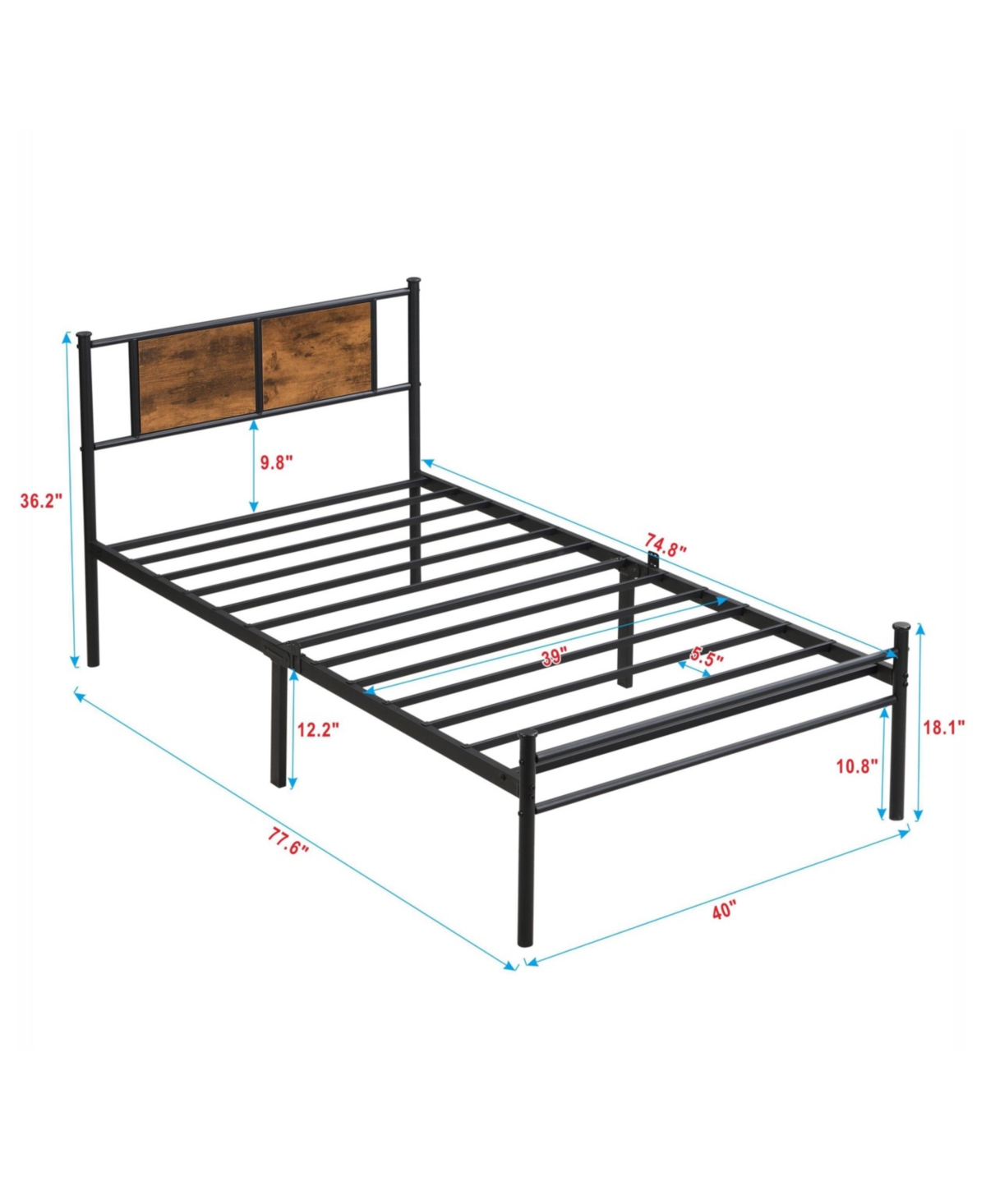 Streamdale Furniture Twin Size metal bedframe, Headboard with wood panel decoration