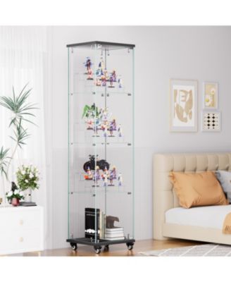 4-Tier Glass Storage Cabinet with Lock and Wheels