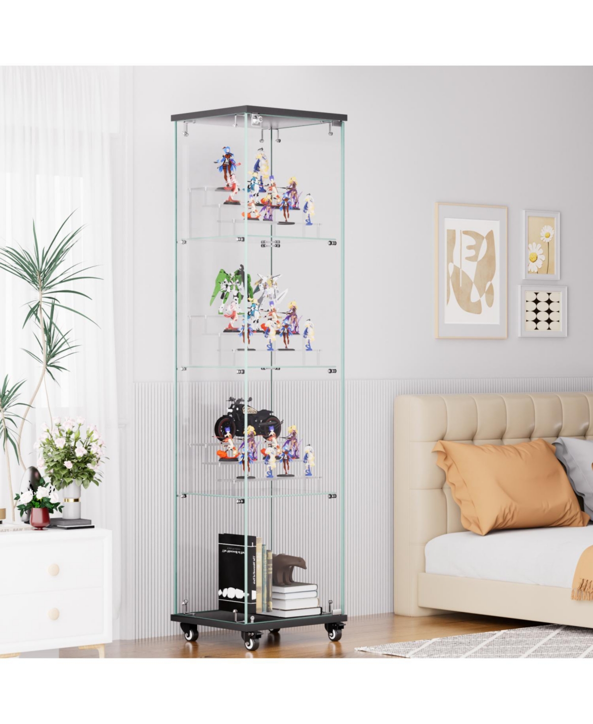 Streamdale Furniture 4-Tier Glass Storage Cabinet with Lock and Wheels