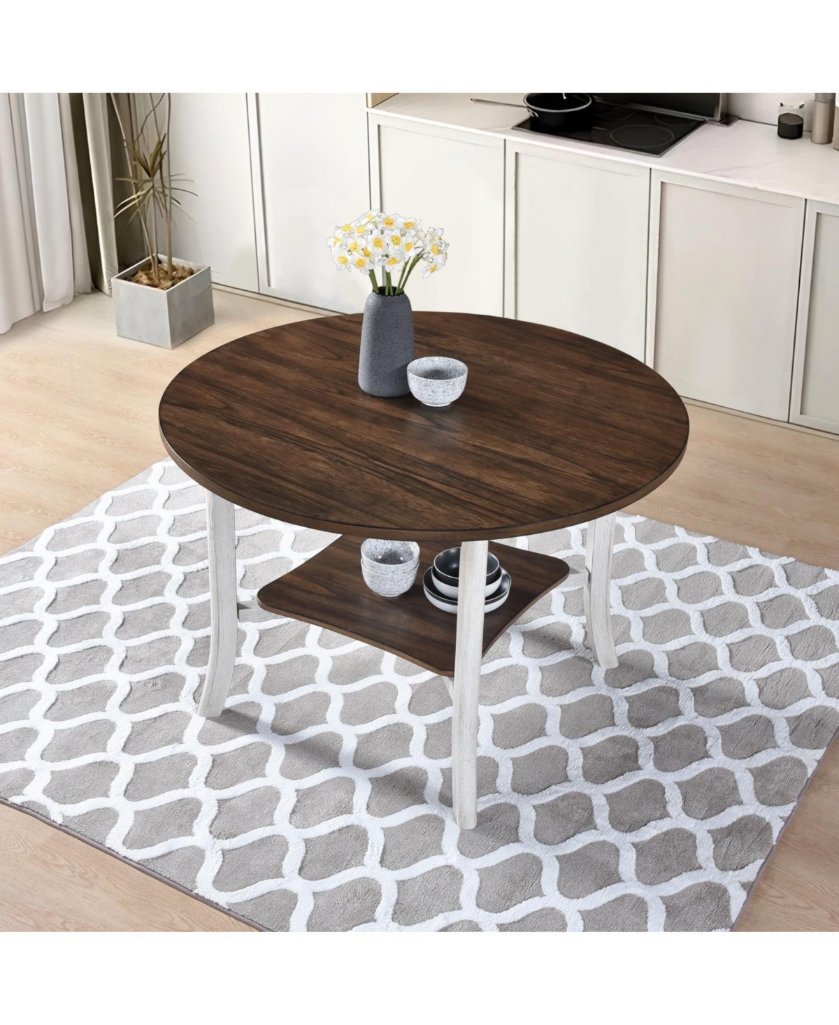 Streamdale Furniture Round Dining Table With Shelf Height 30 inch Modern Farmhouse Retro Design