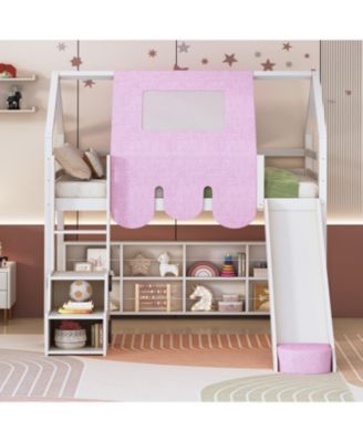 Twin size Wooden Loft Bed House-shaped Frame with a Tent