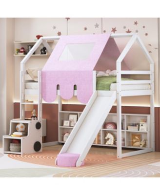 Twin size Wooden Loft Bed House-shaped Frame with a Tent