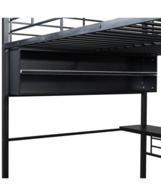 Full Size Metal Loft Bed with LED Desk and 4 Storage Shelves Black