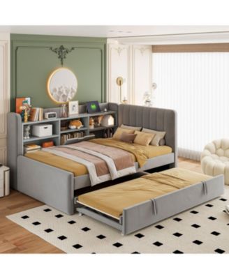 Twin Size Upholstered Daybed with Trundle Storage Shelves USB & Outlet