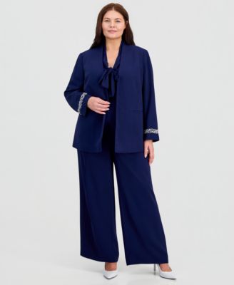 Plus Size Collarless Open-Front Jacket and High-Rise Wide-Leg Pull-On Pants