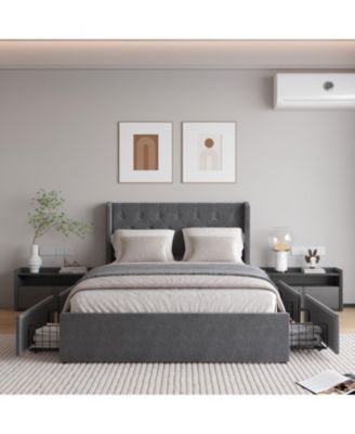 Dark Grey Button Tufted Wingback Bed Frame with 4 Drawers
