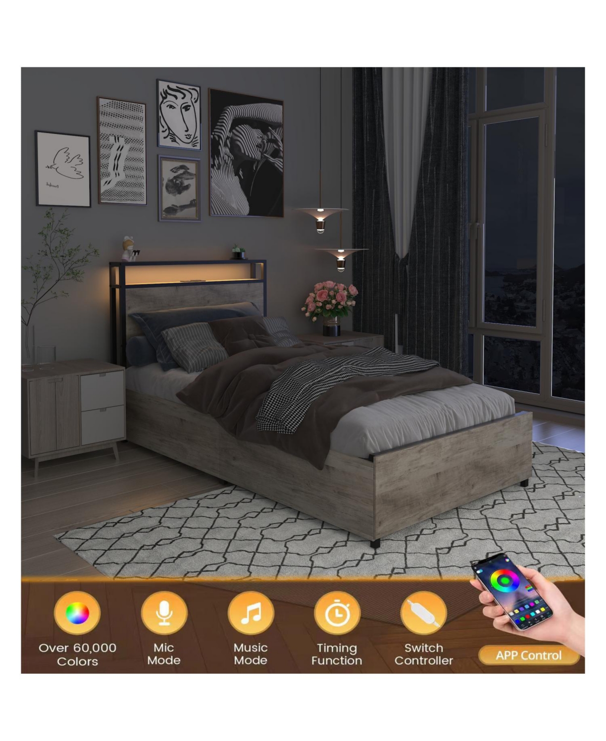 Streamdale Furniture Twin Bed Frame Storage Headboard Charging Station