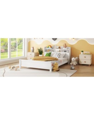 Pine Wood Bed with Bookcase Headboard LED & Guardrails White