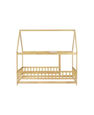 Full Size House Floor Wooden Bed with Roof Frame Safety Guardrails Natural