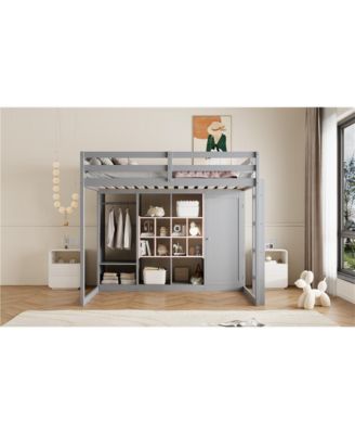 Full Size Wood Loft Bed with Wardrobe, shelves and Cabinet, Gray+Pink
