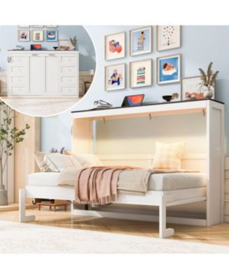 Twin Murphy Bed with LED, Foldable Cabinet, Hidden Wall Bed
