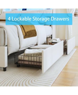 Queen Bed Frame with Outlets, LED, Storage Shelf