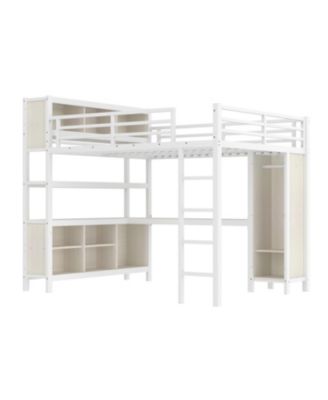Metal Queen Loft Bed with Wardrobe, Desk & Storage