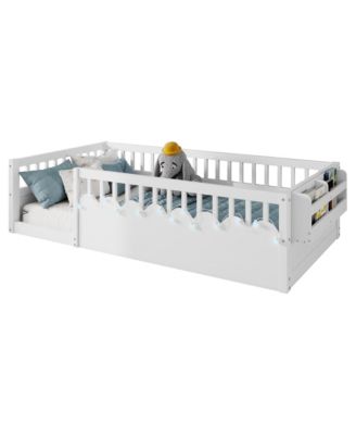 Twin Montessori Floor Bed with Rails, Shelf, Light