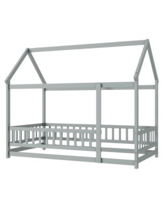 Streamdale Twin Size House Floor Wooden Bed with Roof Frame, Safety Guardrails, Grey