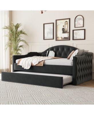 Twin Tufted Velvet Daybed with Trundle, USB Ports, Black