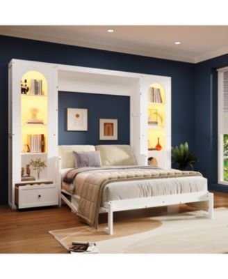 Queen Size Murphy Platform Bed with Shelf, Side Cabinets, Drawers and LED, White