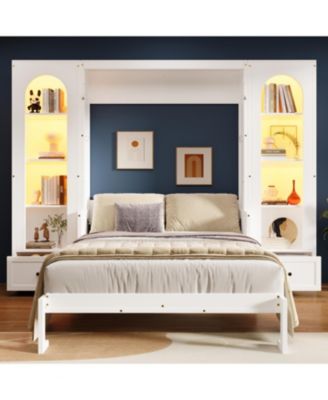 Queen Size Murphy Platform Bed with Shelf, Side Cabinets, Drawers and LED, White