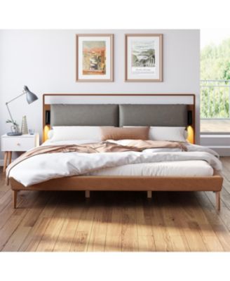Streamdale Brown&Gray Leather King Bed with 2pcs Night Lights