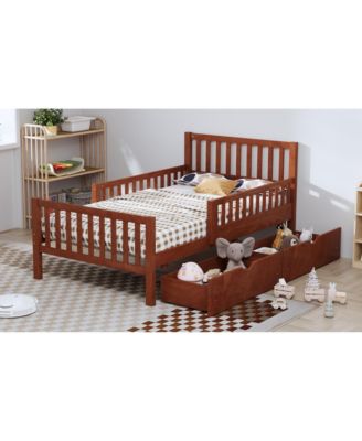 Twin Wood Platform Bed with Guardrails & Storage - Walnut