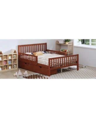 Walnut Wood Platform Bed with Guardrails & Storage