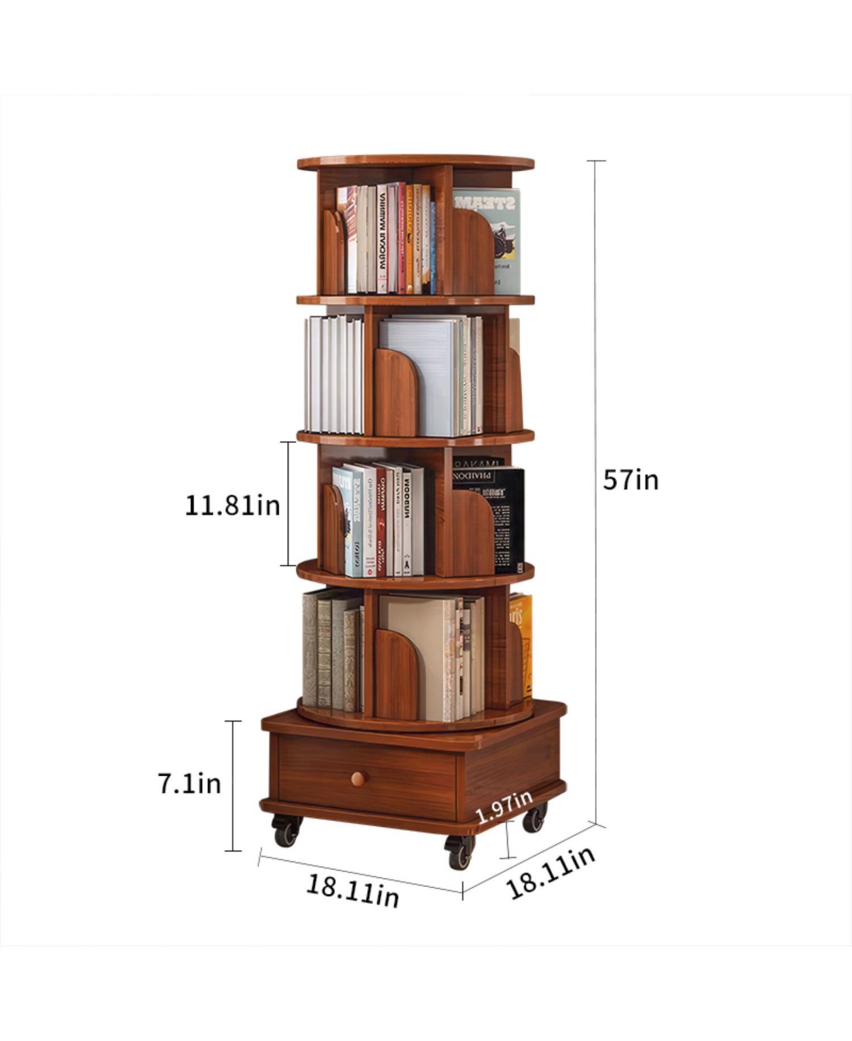 Streamdale Furniture Rotating 5-Tier Corner Bookshelf with Drawer (Walnut)