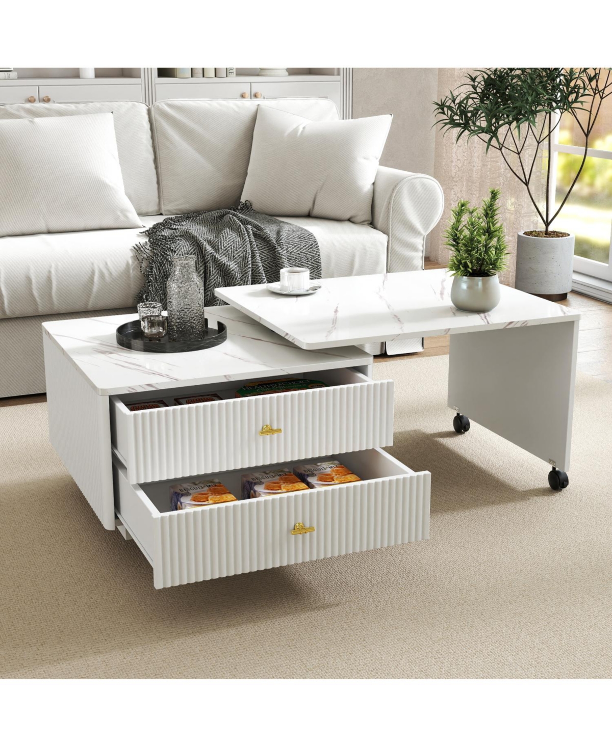Streamdale Furniture Extendable Coffee Table w/ Storage, Reversible, 2 Drawers, 6 Wheels