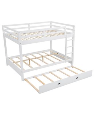 Wood Queen Size Bunk Bed with Ladder and Trundle, White