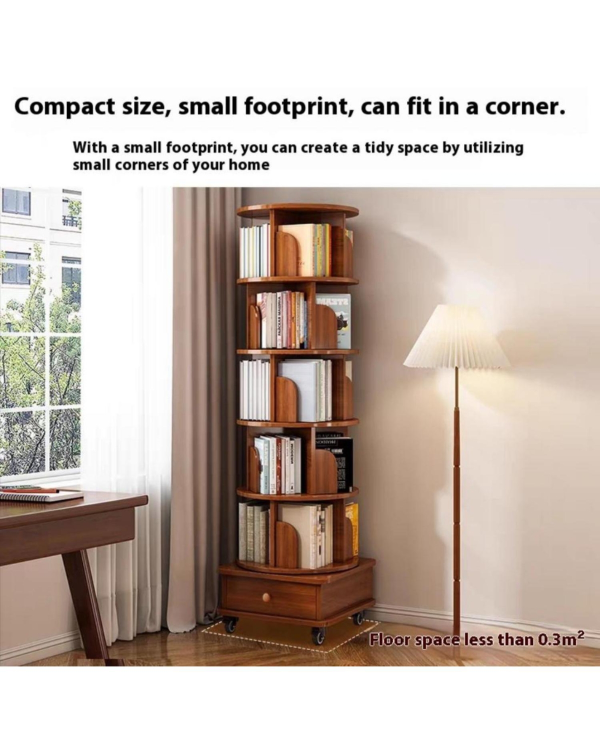 Streamdale Furniture Rotating Bookshelf 360 Corner Bookcase with Wheels, Walnut Brown