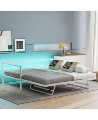Twin Size Metal Daybed with LED and Adjustable Trundle, Pop Up Trundle