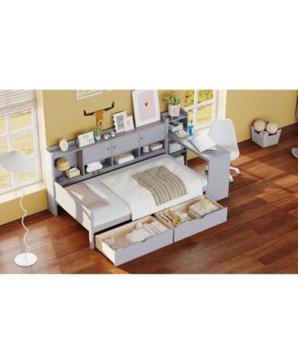 Twin Daybed with Storage, Desk & Bookshelf - Gray