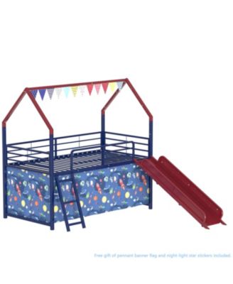 Jack Metal Twin Loft Bed w/ Slide & Curtain - Navy/Red