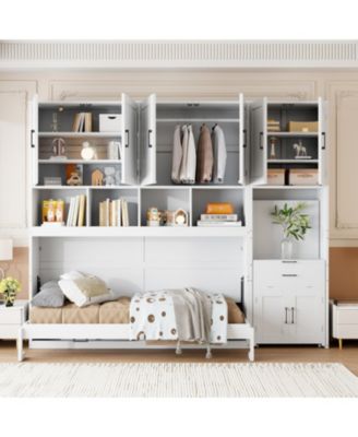 Twin Size Murphy Bed Wall Bed with Closet , Drawers & Desk-White