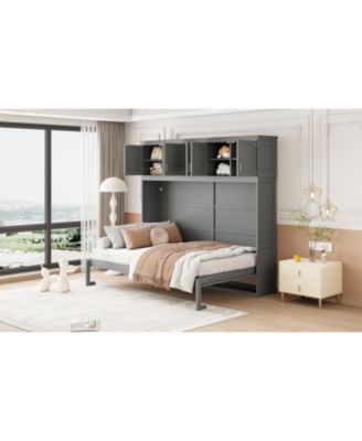 Queen Size Murphy Bed Wall Bed with Top Cabinets,Gray