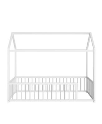 Twin Montessori Metal Floor Bed Frame, House Bed with Fence, Easy Assemble, Black