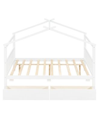 Full Size Wooden House Bed with Drawers, White