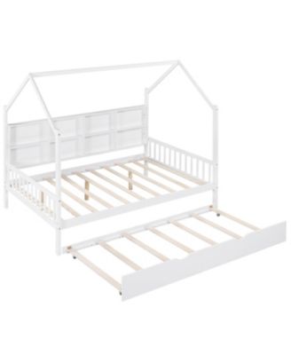  Wooden Full Size House Bed with Trundle & Shelf - White