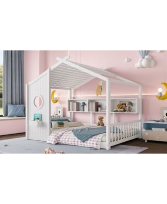 Floor House Bed Toddler Kids Montessori Bed w/ Shelf & Roof.