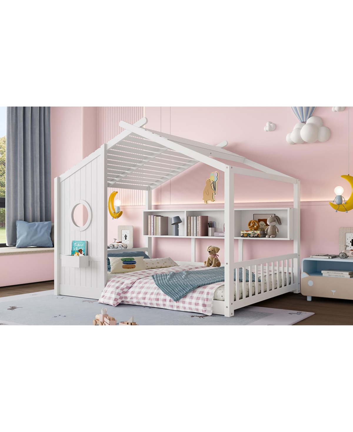 Streamdale Furniture Floor House Bed Toddler Kids Montessori Bed w/ Shelf & Roof.