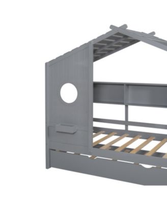 Wooden Twin House Bed with Trundle & Shelf - Gray