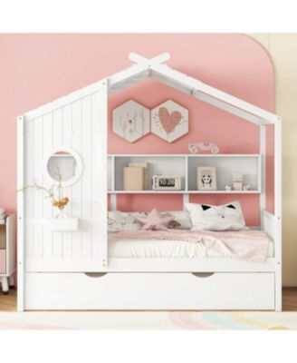 Wooden Twin House Bed with Trundle & Shelf - Gray