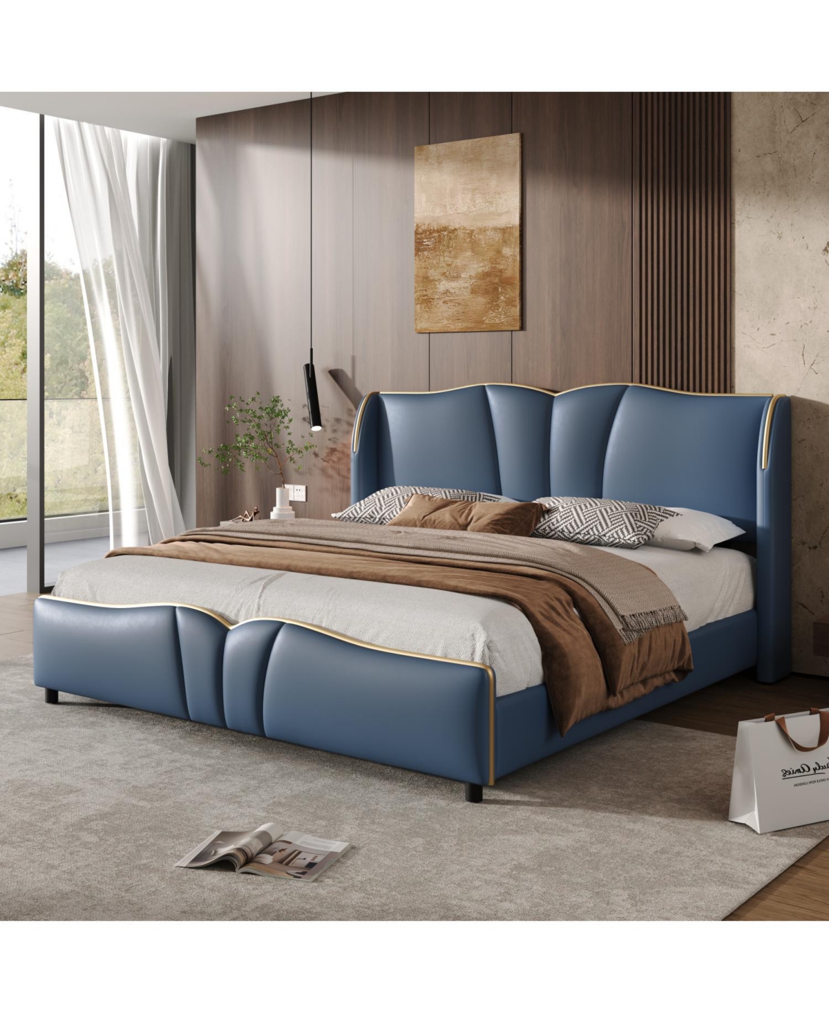 Streamdale Furniture King Leather Bed Frame Wingback Headboard Platform Black